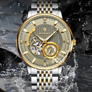 Men Silver & Gold Colour Mechanical Movement Watch